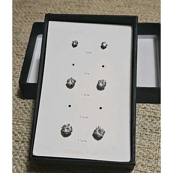 STERLING SILVER CUBIC ZIRCONIA CZ STUD EARRINGS SET Of 3 With BOX - Picture 2 of 8